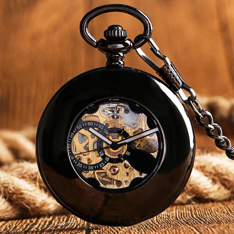 Black Automatic Vintage Half Hunter Pocket Watch - Black belt - Pocket Watch Net