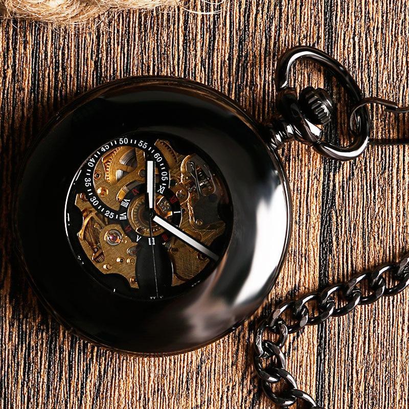 Black Automatic Vintage Half Hunter Pocket Watch - Black belt - Pocket Watch Net