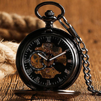 Black Automatic Vintage Half Hunter Pocket Watch - Black belt - Pocket Watch Net