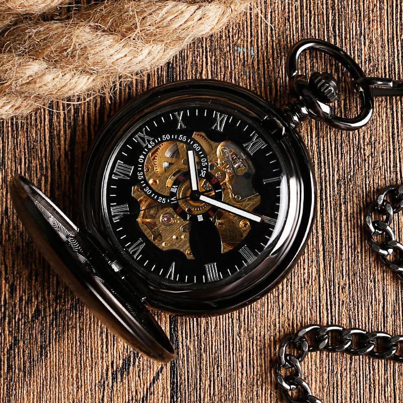 Black Automatic Vintage Half Hunter Pocket Watch - Black belt - Pocket Watch Net