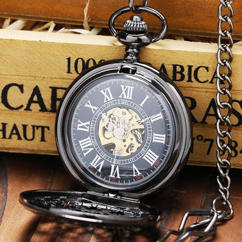 Black Mechanical Half Hunter Pocket Watch  - Basilica - Pocket Watch Net
