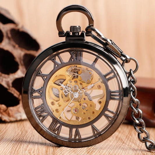 Black Mechanical Open Face Pocket Watch - Skeleton - Pocket Watch Net