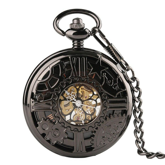 Black Mechanical Steampunk Half Hunter Pocket Watch - Gears Star