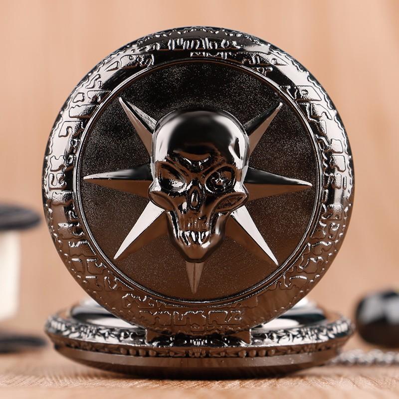 Black Steampunk Quartz Full Hunter Pocket Watch - Skull Star - Pocket Watch Net