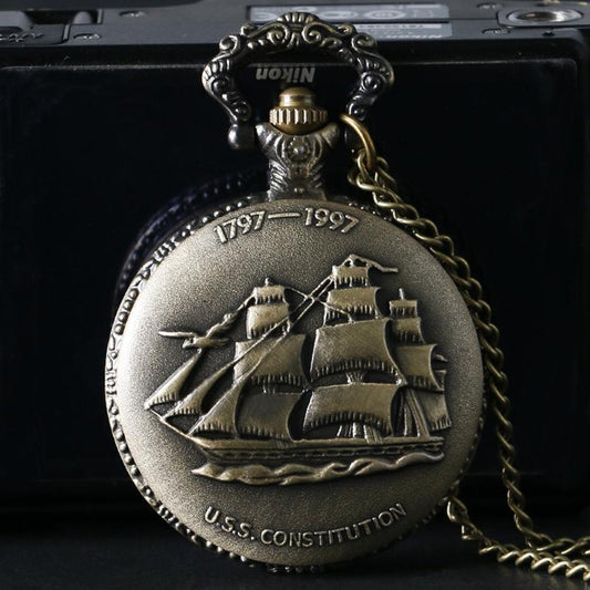 Bronze Full Hunter Quartz Pocket Watch - U.s.s Constitution - Pocket Watch Net