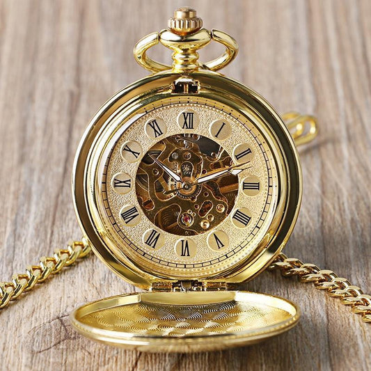 Gold Mechanical Double Hunter Pocket Watch - Golden Butterfly