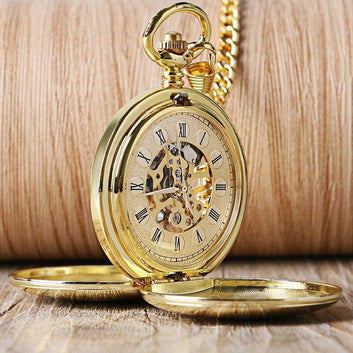 Gold Mechanical Double Hunter Pocket Watch - Golden Butterfly