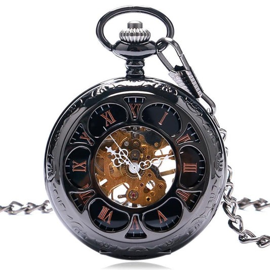 Silver Toned Mechanical Half Hunter Pocket Watch - Black Flower