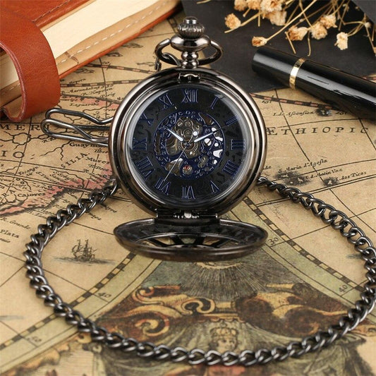 Steampunk Mechanical Half Hunter Pocket Watch - Black Wheel - Pocket Watch Net