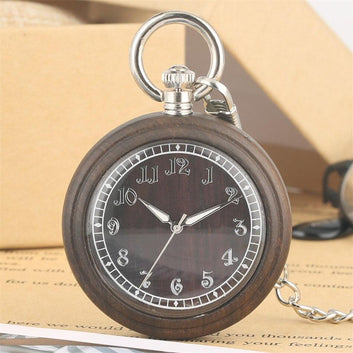 Vintage Quartz Open Face Pocket Watch - Brown Wood