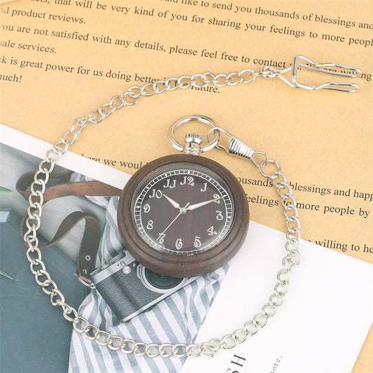 Vintage Quartz Open Face Pocket Watch - Brown Wood