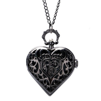 Women's Black Quartz Pendant Watch - Black Heart - Pocket Watch Net