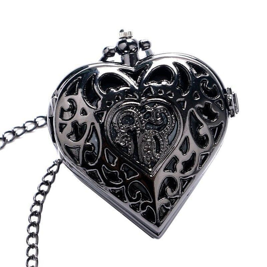 Women's Black Quartz Pendant Watch - Black Heart - Pocket Watch Net