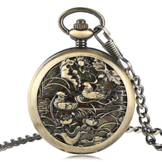 Women's Bronze Automatic Pocket Watch - Birds and Flowers