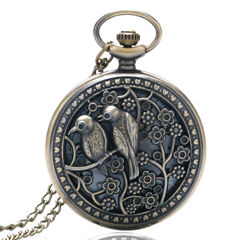 Women's Bronze Full Hunter Quartz Pocket Watch Love Nest