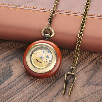 Wood Automatic Open Face Pocket Watch  - Brownie - Pocket Watch Net