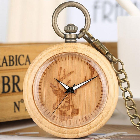 Wood Open Face Quartz Pocket Watch - Deer Wood