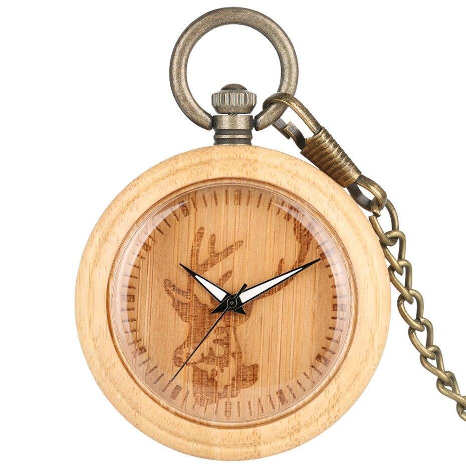 Wood Open Face Quartz Pocket Watch - Deer Wood - Pocket Watch Net