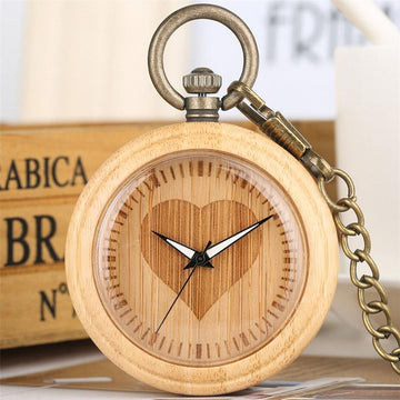 Wood Open Face Quartz Pocket Watch - Wooden Heart - Pocket Watch Net