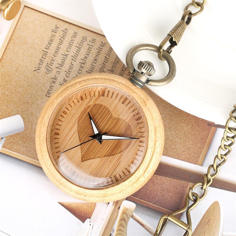 Wood Open Face Quartz Pocket Watch - Wooden Heart - Pocket Watch Net