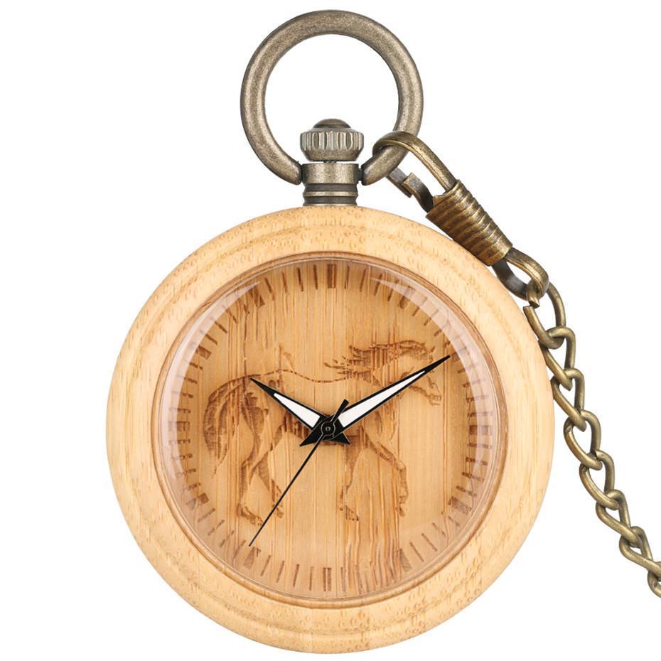 Wood Quartz Open Face Pocket Watch - Horse - Pocket Watch Net