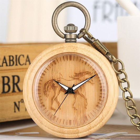 Wood Quartz Open Face Pocket Watch - Horse