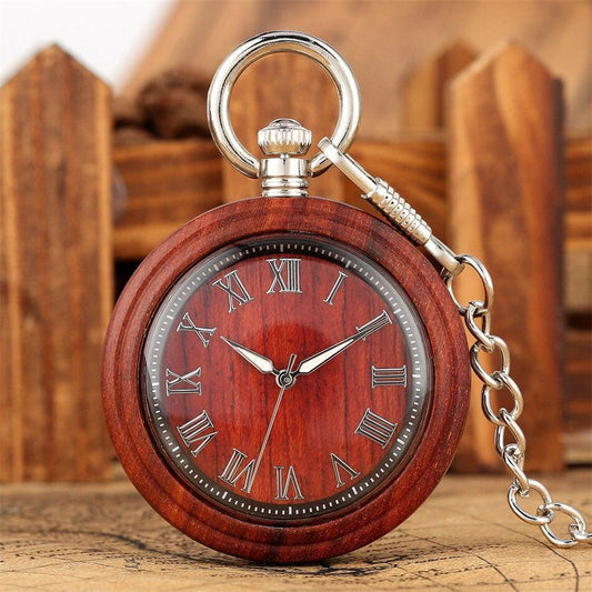 Wood Quartz Open Face Pocket Watch - Red Wood