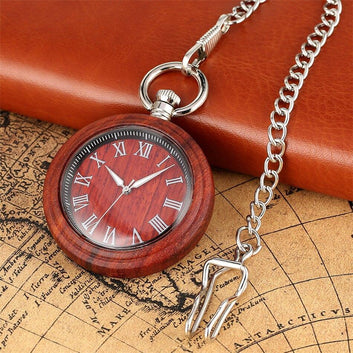 Wood Quartz Open Face Pocket Watch - Red Wood