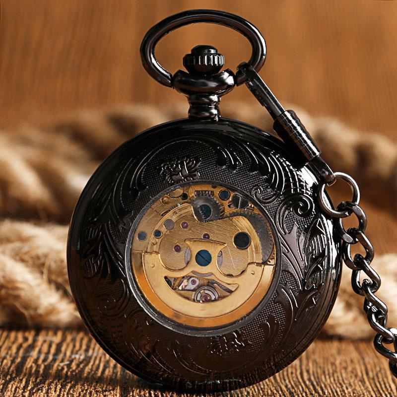 Black Automatic Vintage Half Hunter Pocket Watch - Black belt - Pocket Watch Net