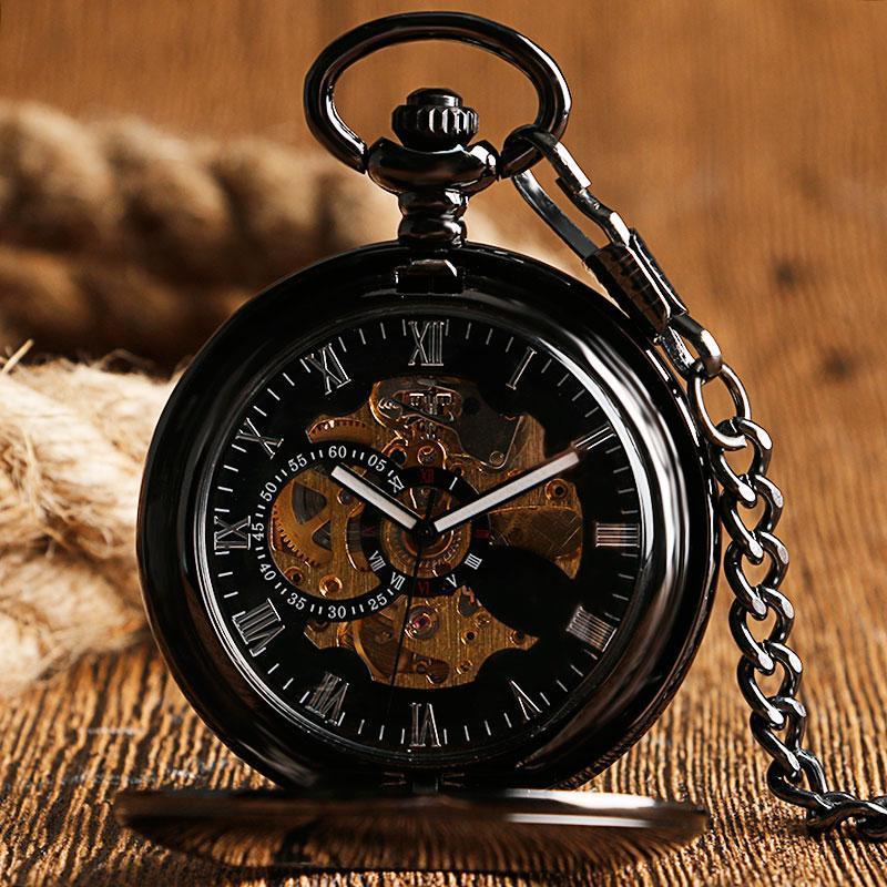 Black Automatic Vintage Half Hunter Pocket Watch - Black belt - Pocket Watch Net