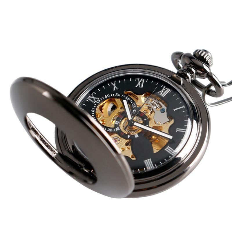 Black Automatic Vintage Half Hunter Pocket Watch - Black belt - Pocket Watch Net