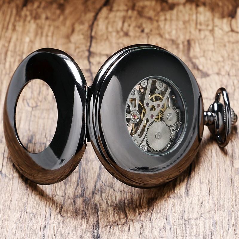 Black Mechanical  Half Hunter  -  Blue Peephole - Pocket Watch Net