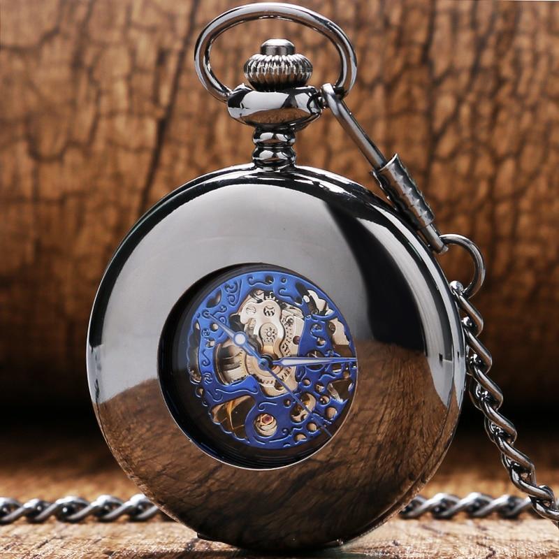 Black Mechanical  Half Hunter  -  Blue Peephole - Pocket Watch Net