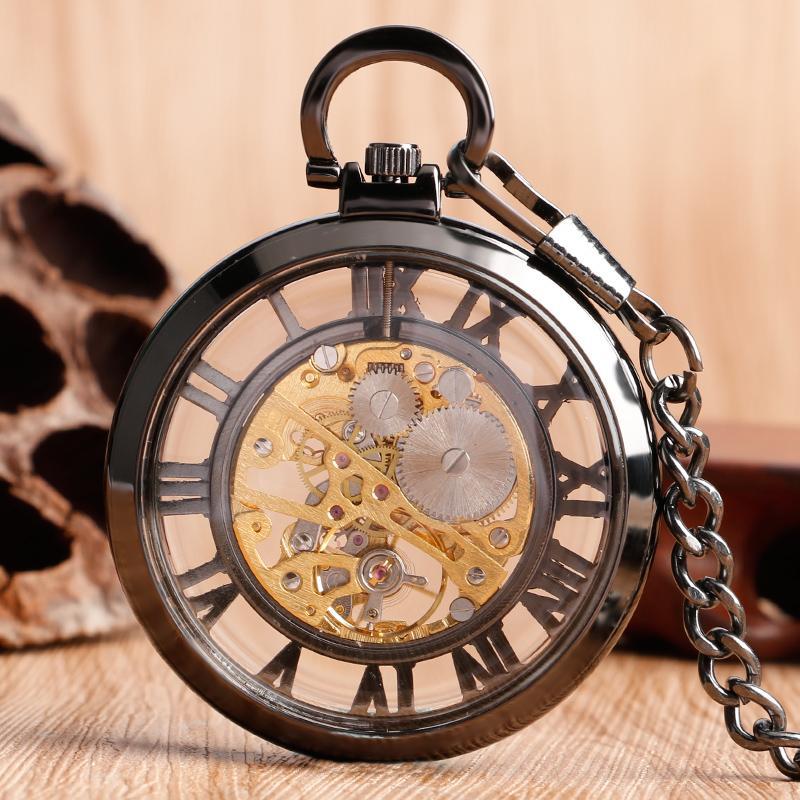 Black Mechanical Open Face Pocket Watch - Skeleton - Pocket Watch Net