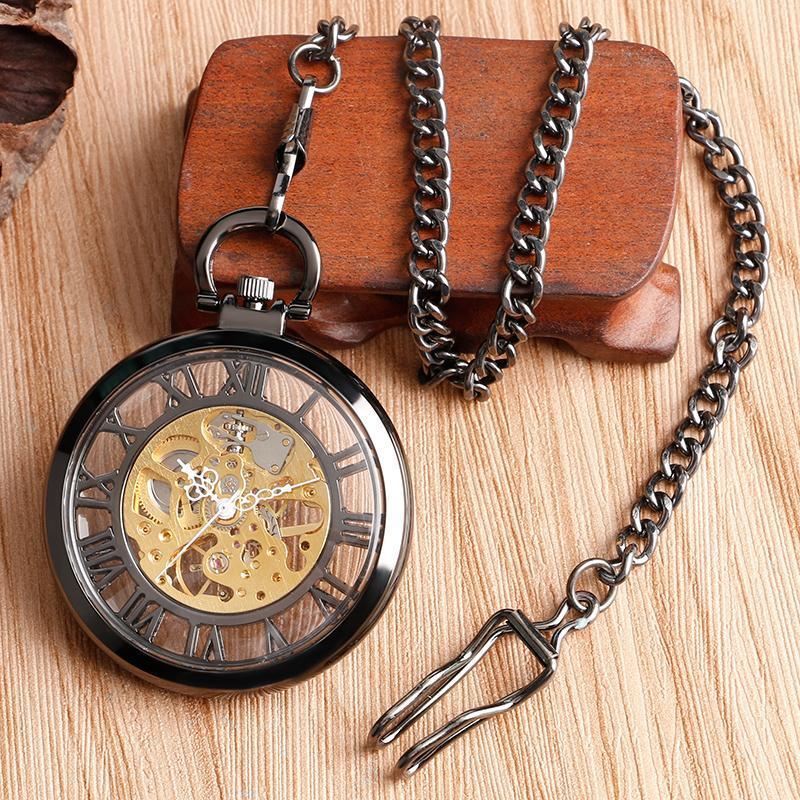 Black Mechanical Open Face Pocket Watch - Skeleton - Pocket Watch Net