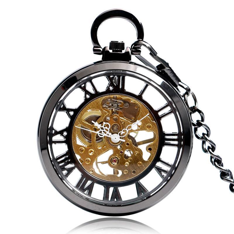 Black Mechanical Open Face Pocket Watch - Skeleton - Pocket Watch Net