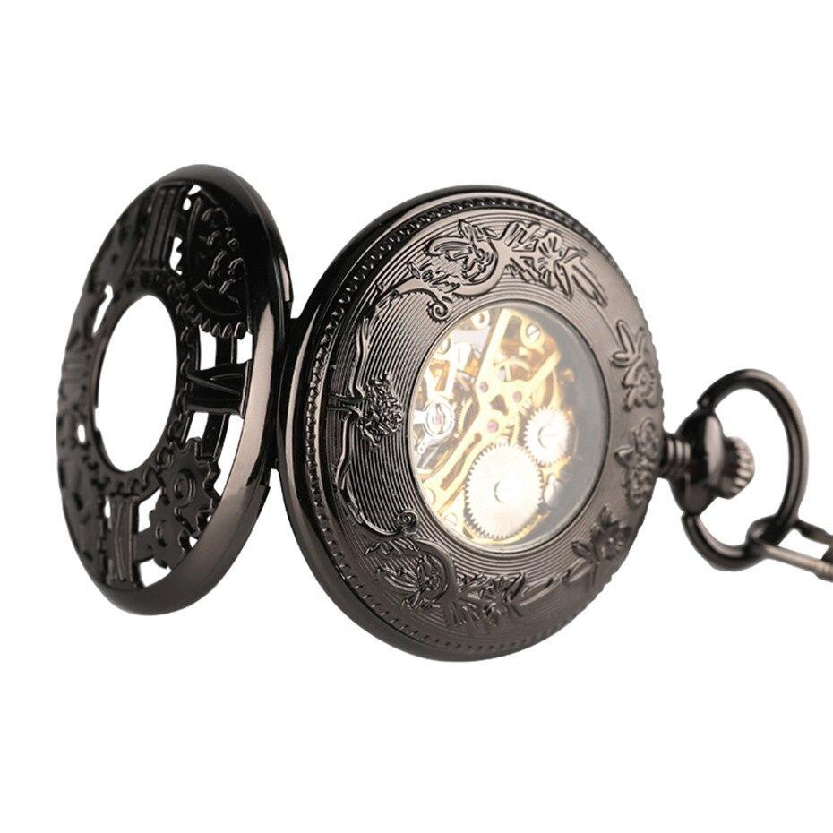 Black Mechanical Steampunk Half Hunter Pocket Watch - Gears Star - Pocket Watch Net