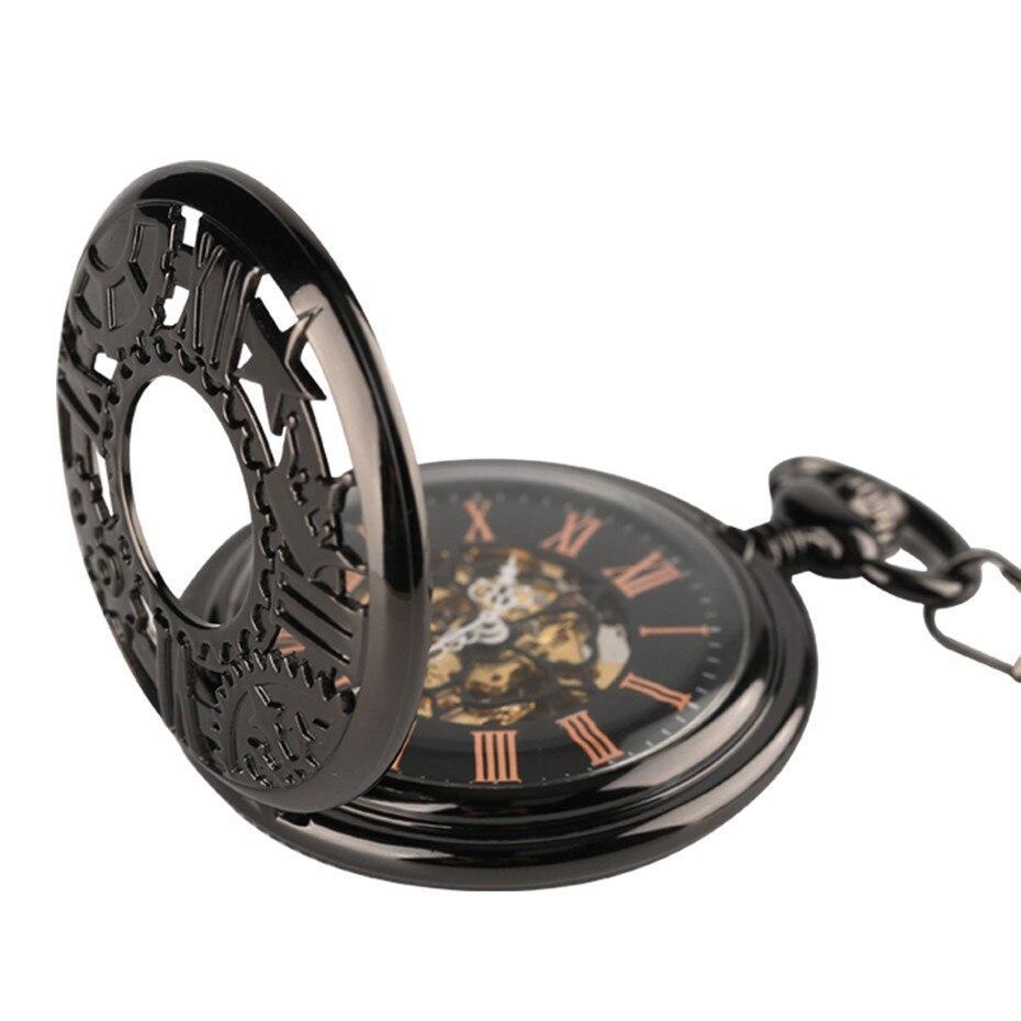 Black Mechanical Steampunk Half Hunter Pocket Watch - Gears Star - Pocket Watch Net