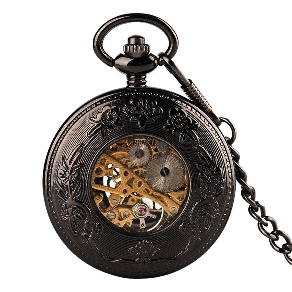 Black Mechanical Steampunk Half Hunter Pocket Watch - Gears Star - Pocket Watch Net