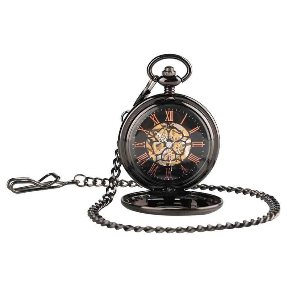 Black Mechanical Steampunk Half Hunter Pocket Watch - Gears Star - Pocket Watch Net