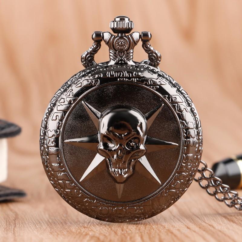 Black Steampunk Quartz Full Hunter Pocket Watch - Skull Star - Pocket Watch Net