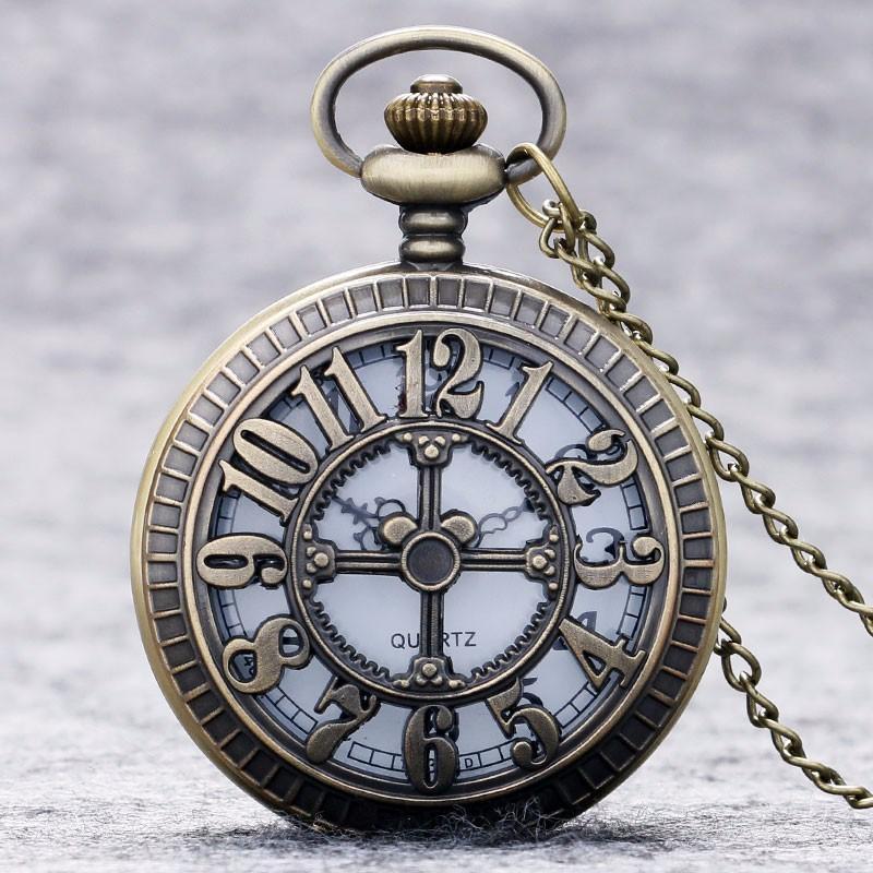 Bronze Half Hunter Quartz Pocket Watch - Gothic Cross - Pocket Watch Net