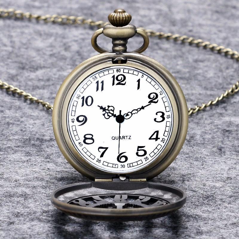 Bronze Half Hunter Quartz Pocket Watch - Gothic Cross - Pocket Watch Net