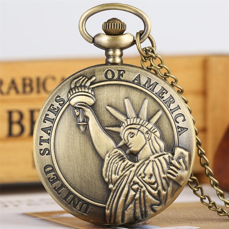 Bronze Quartz Full Hunter Pocket Watch - Statue of Liberty - Pocket Watch Net