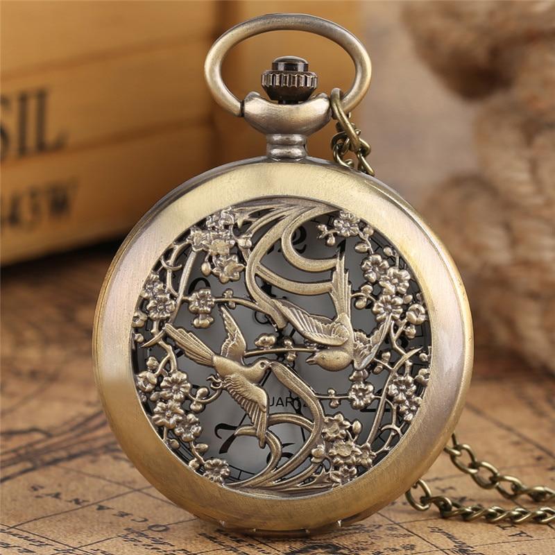 Bronze Quartz Full Hunter Pocket Watch  - Talkative magpies - Pocket Watch Net