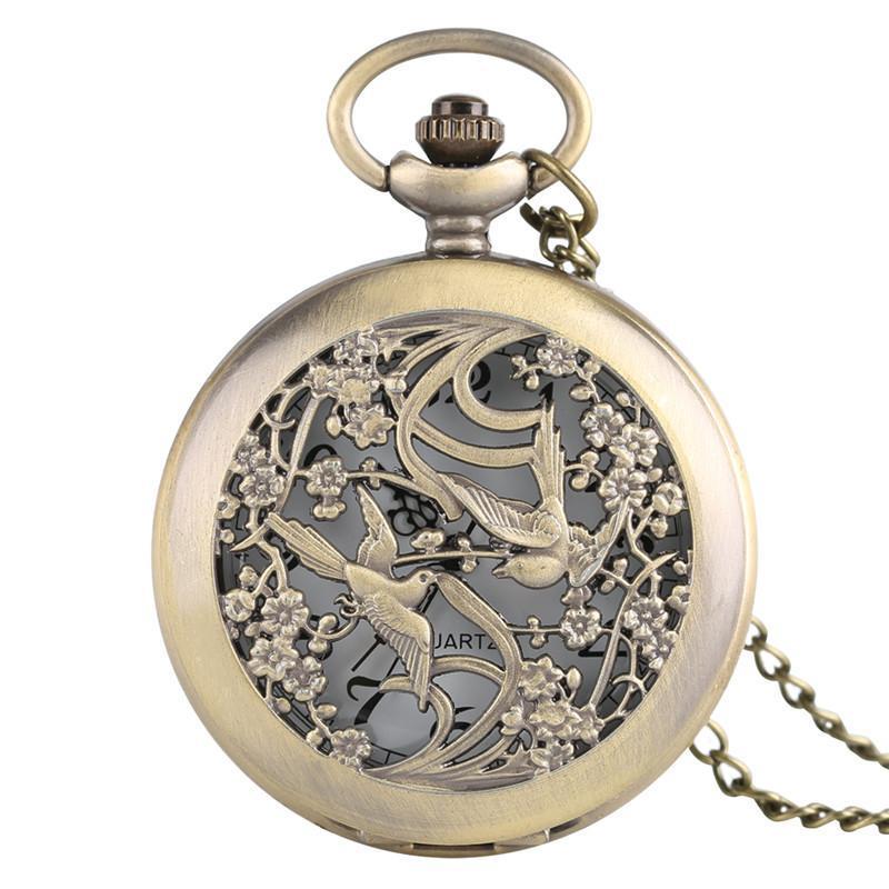 Bronze Quartz Full Hunter Pocket Watch  - Talkative magpies - Pocket Watch Net