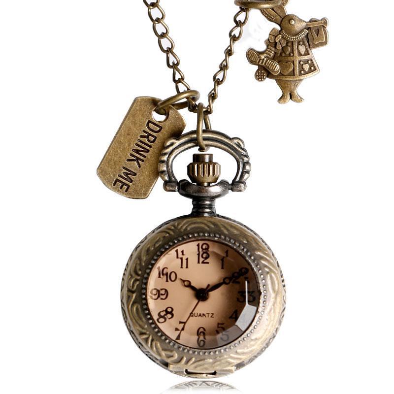 Bronze Quartz Open Face Pendant Watch - Drink Me - Pocket Watch Net