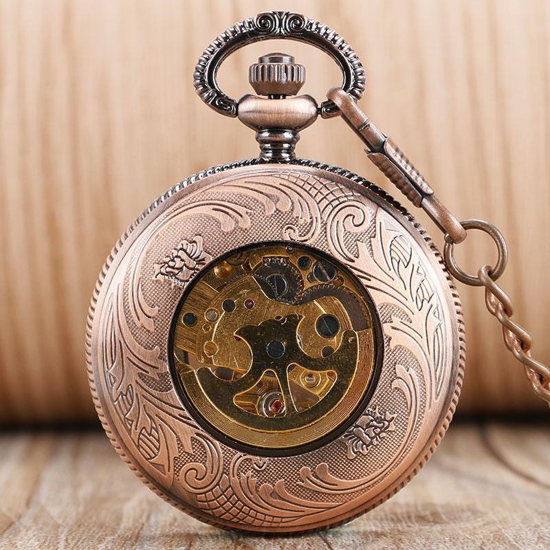 Copper Automatic Half Hunter Pocket Watch - Copper Flower - Pocket Watch Net