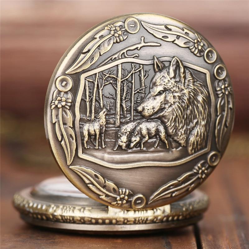 Bronze Full Hunter Quartz Pocket Watch - Wolf Pack - Pocket Watch Net