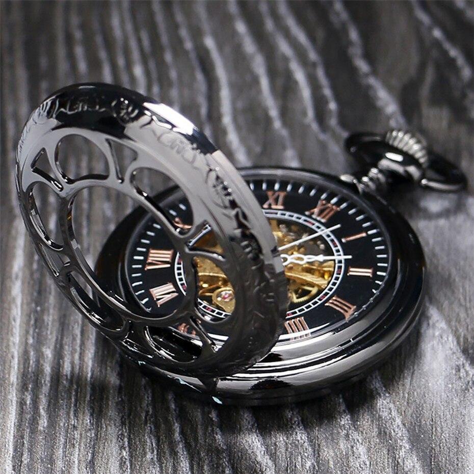 Silver Toned Mechanical Half Hunter Pocket Watch - Black Flower - Pocket Watch Net